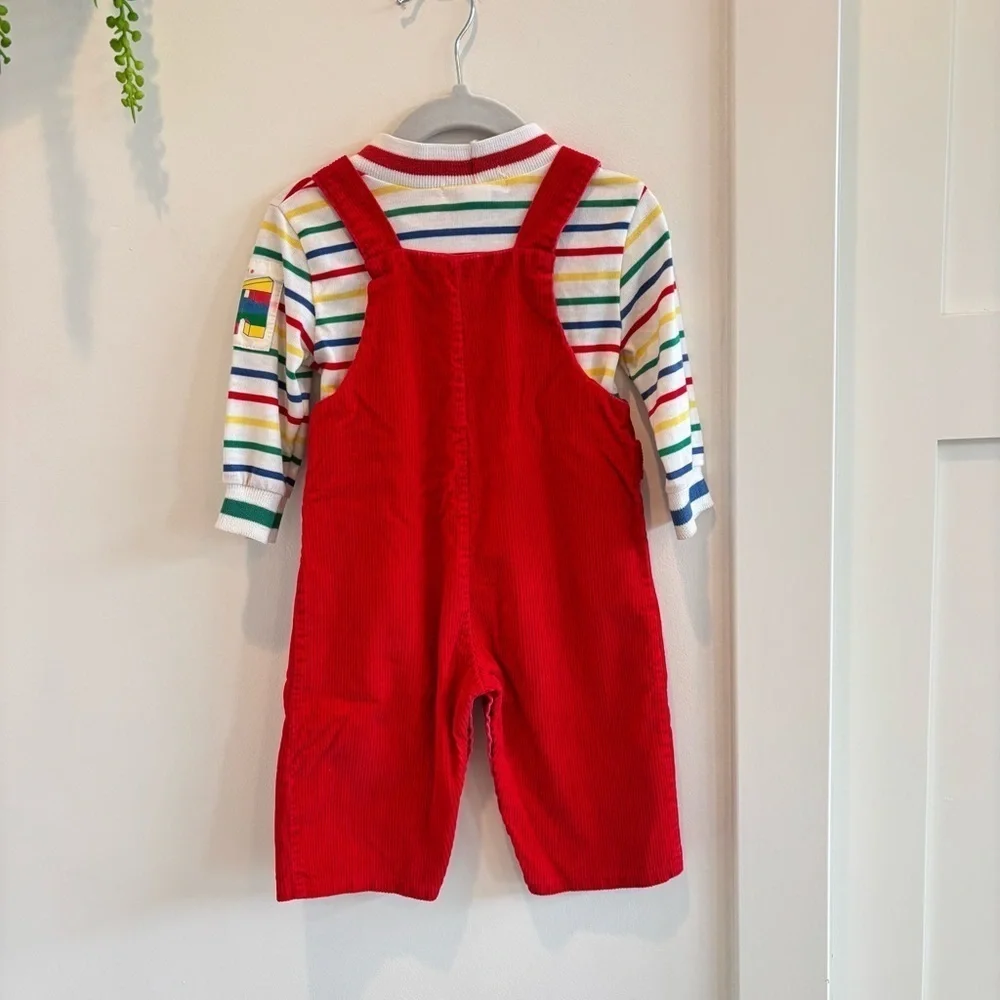 OshKosh B'Gosh Vintage 80's Rainbow Striped Mock Neck 18 mos Shirt Red Overalls
